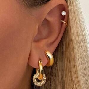 3 Pairs 14K Gold Plated Stackable Earrings Set Huggie Hoop Earrings